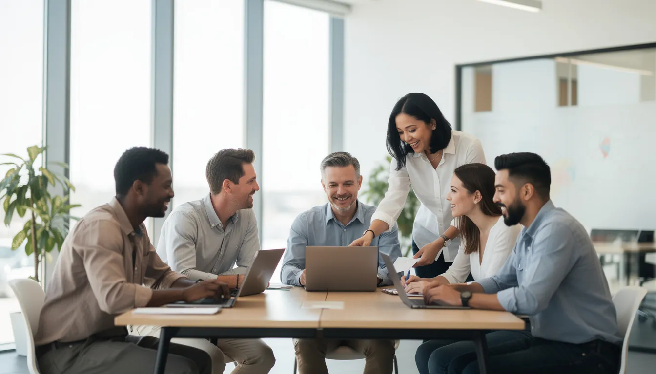 A diverse team is collaborating around laptops in a bright, modern office, discussing innovative AI solutions and digital transformation strategies. The atmosphere reflects a focus on teamwork and the use of Microsoft cloud technologies to drive business processes and enhance customer experiences.