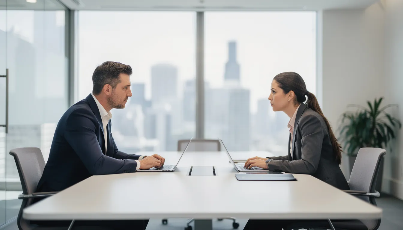 The image shows two business professionals engaged in a discussion in a modern office meeting room, likely strategizing on digital marketing solutions to enhance their company's online presence and drive business growth. Their conversation may involve marketing strategies, search engine optimization, and effective advertising campaigns to generate leads and improve search visibility.