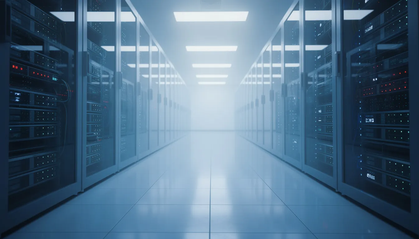The image depicts a modern cloud data center illuminated with blue lighting, featuring rows of server racks that represent advanced infrastructure for AI-powered solutions. This environment showcases the critical role of digital transformation and cloud technologies, such as Microsoft Azure, in driving innovation and supporting business applications in the digital age.