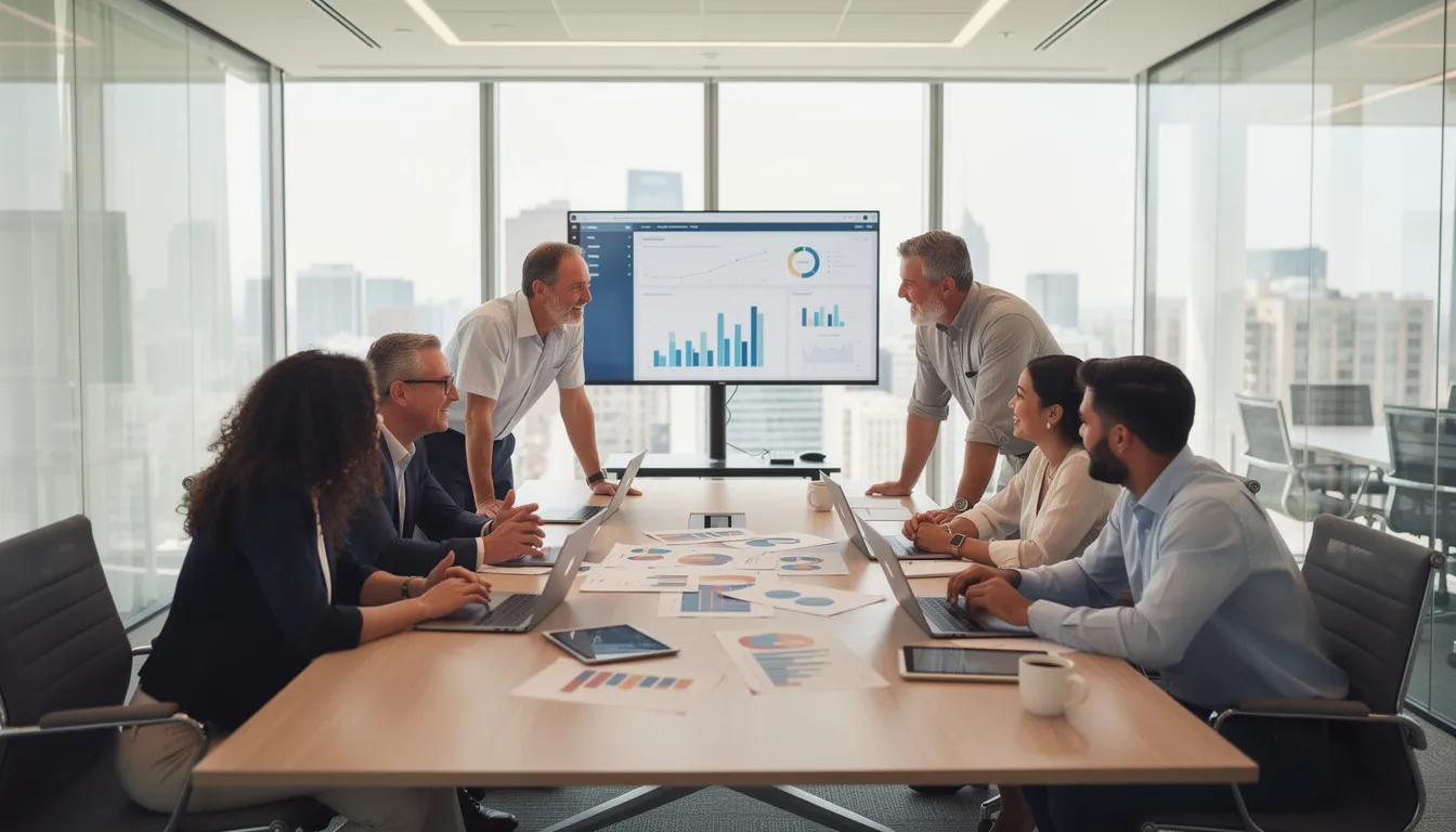 The image depicts a diverse group of business professionals engaged in collaboration within a modern meeting room, highlighting their commitment to innovative solutions and business transformation. They are discussing strategies that leverage artificial intelligence and hybrid cloud technologies to optimize operations and accelerate innovation for their clients.