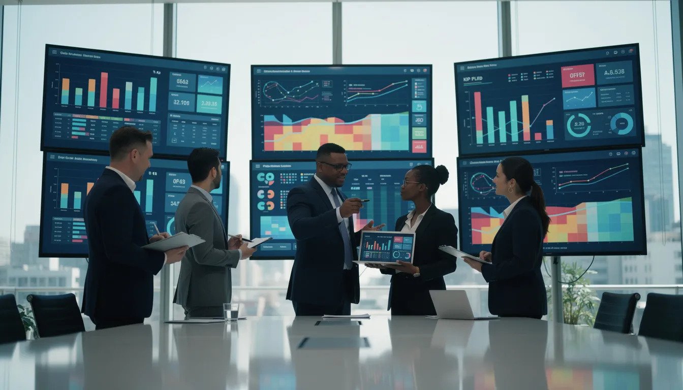 The image depicts a group of business professionals engaged in a discussion while reviewing data visualizations displayed on large monitors. They are analyzing insights that could drive business transformation and optimize decision making, showcasing the importance of innovative solutions in today's multicloud environments.