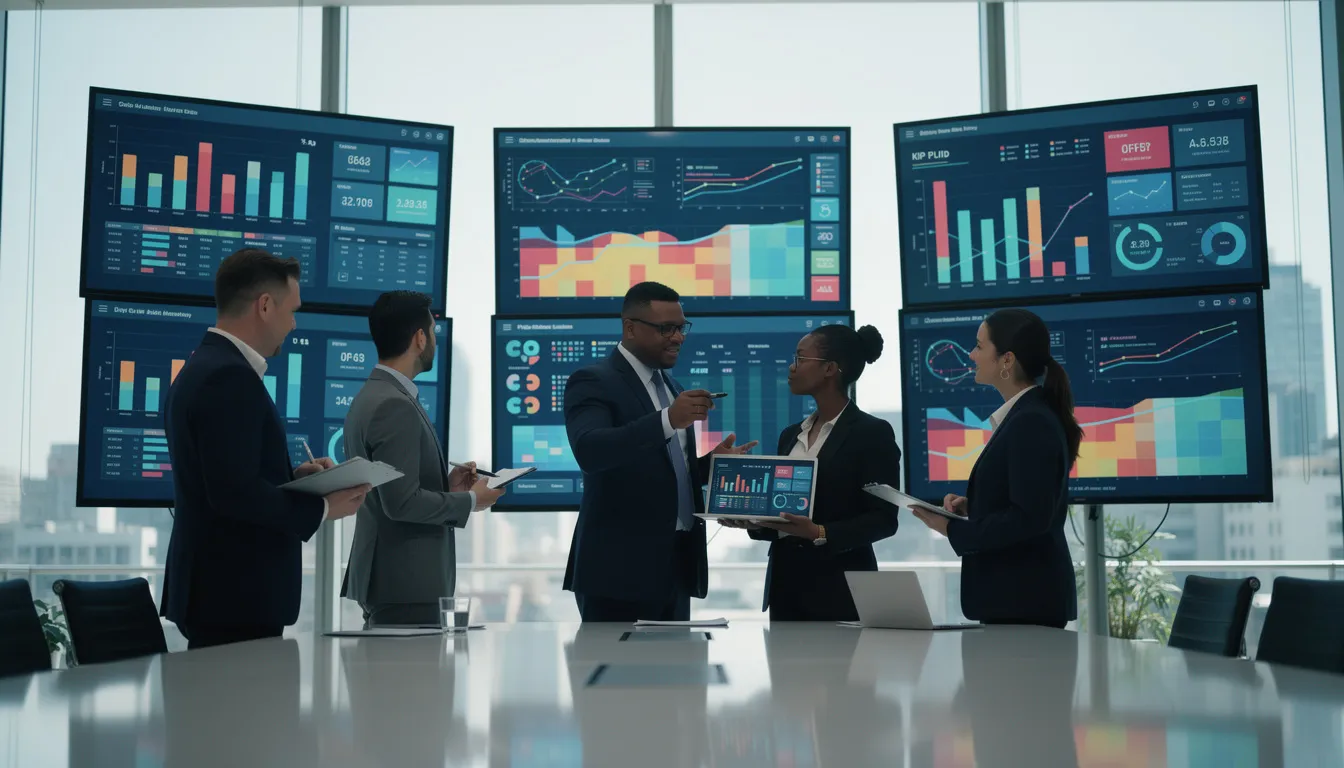 The image depicts a group of business professionals engaged in a discussion while reviewing data visualizations displayed on large monitors. They are analyzing insights that could drive business transformation and optimize decision making, showcasing the importance of innovative solutions in today's multicloud environments.