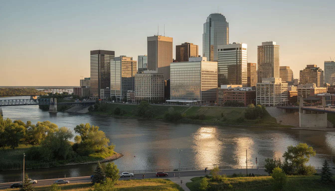 The image showcases the Edmonton downtown skyline, featuring modern office buildings alongside the scenic North Saskatchewan River. This vibrant urban landscape reflects the potential for business growth and the importance of effective marketing strategies in the heart of Edmonton.