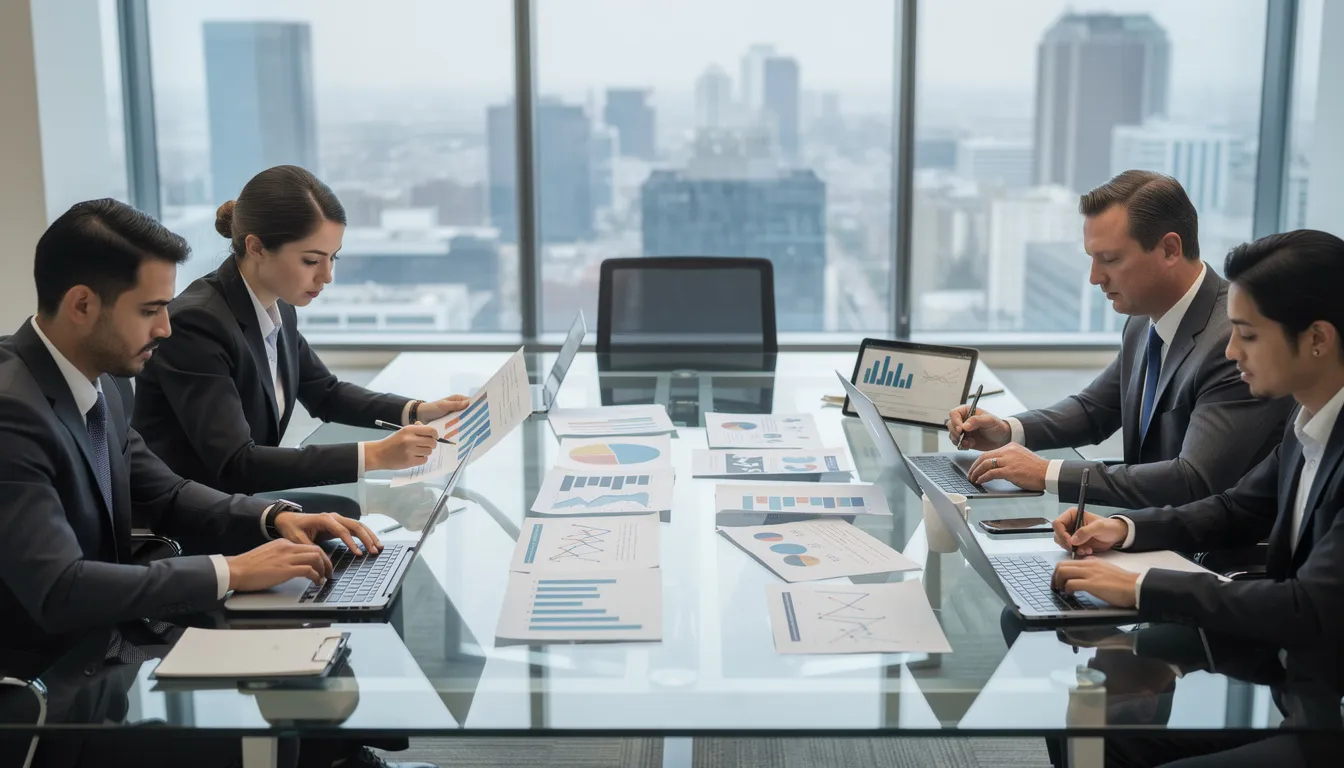 A group of business professionals is gathered around a conference table, intently reviewing documents and charts that display market trends and key initiatives. This collaborative environment highlights the importance of digital transformation and the adoption of AI-powered solutions, reflecting the strategic partnership between Ishape Technologies Ltd and Microsoft.