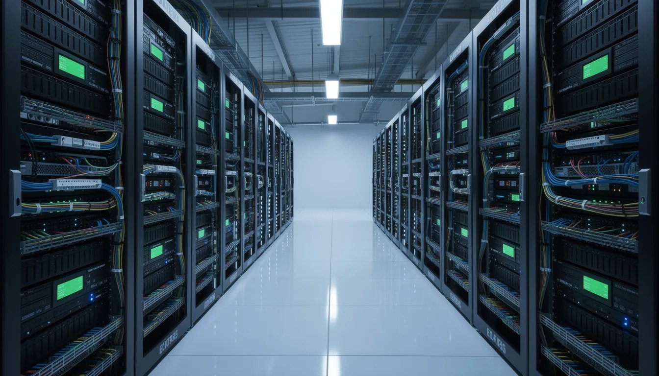 The image depicts enterprise server hardware neatly arranged in a well-organized data center environment, showcasing IBM solutions designed to optimize cloud infrastructure and support hybrid cloud strategies for businesses. The setup highlights the integration of advanced technologies aimed at accelerating innovation and enhancing operational efficiency.