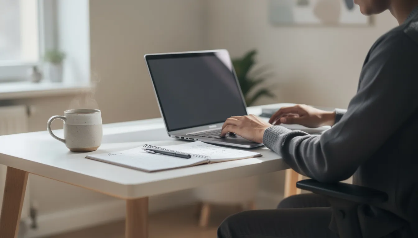 A person is seated at a modern desk, focused on their laptop, with a cup of coffee and a notepad nearby, symbolizing the dynamic environment of digital marketing. This scene reflects the essential elements of creating effective marketing strategies and driving business growth through online marketing efforts.