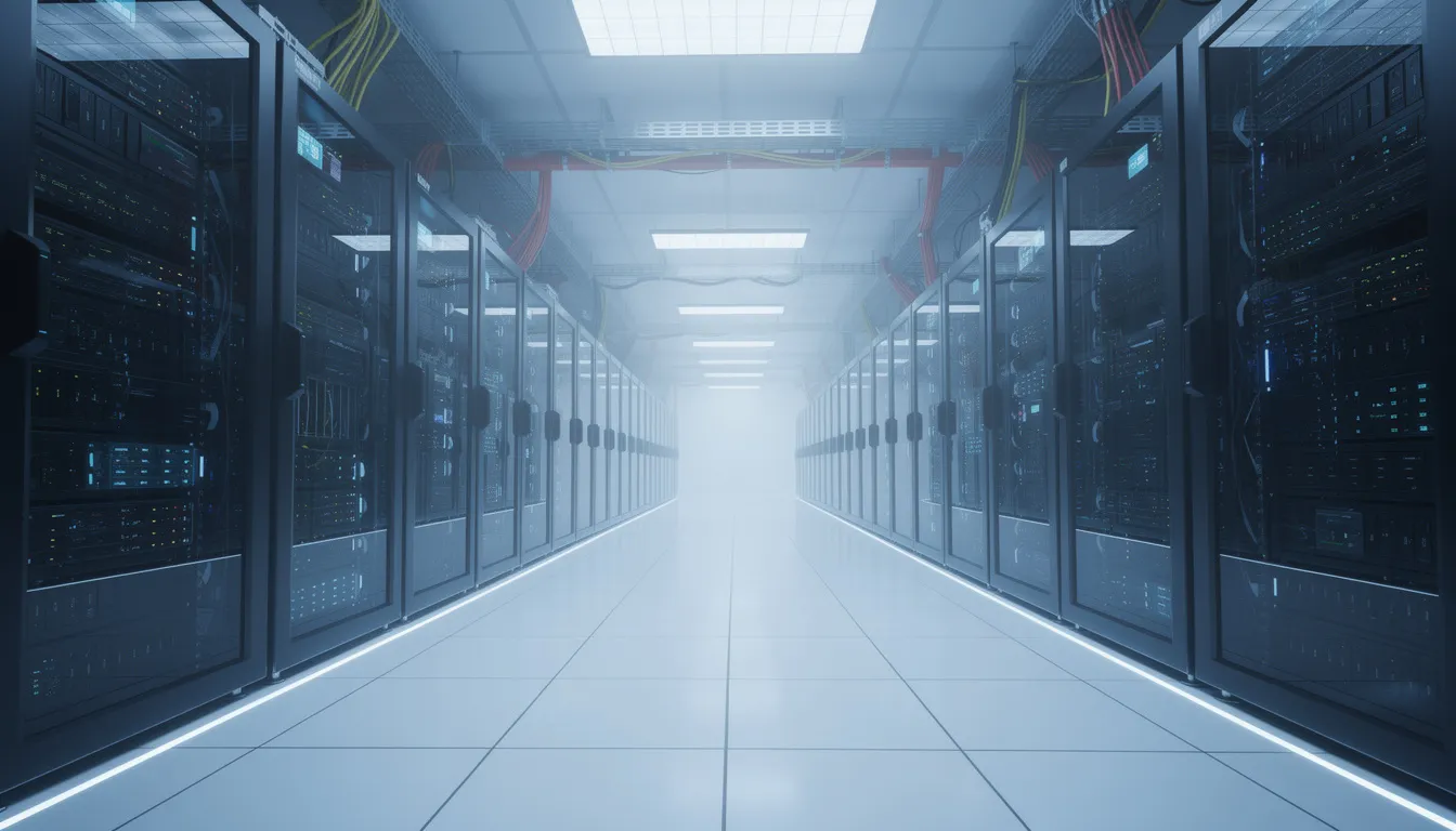 The image depicts a modern data center featuring rows of servers illuminated by blue ambient lighting, emphasizing the advanced infrastructure that supports IBM solutions and hybrid cloud environments. This setting is designed to optimize data collection and integration, enhancing decision-making and ensuring compliance for enterprises utilizing innovative technologies.