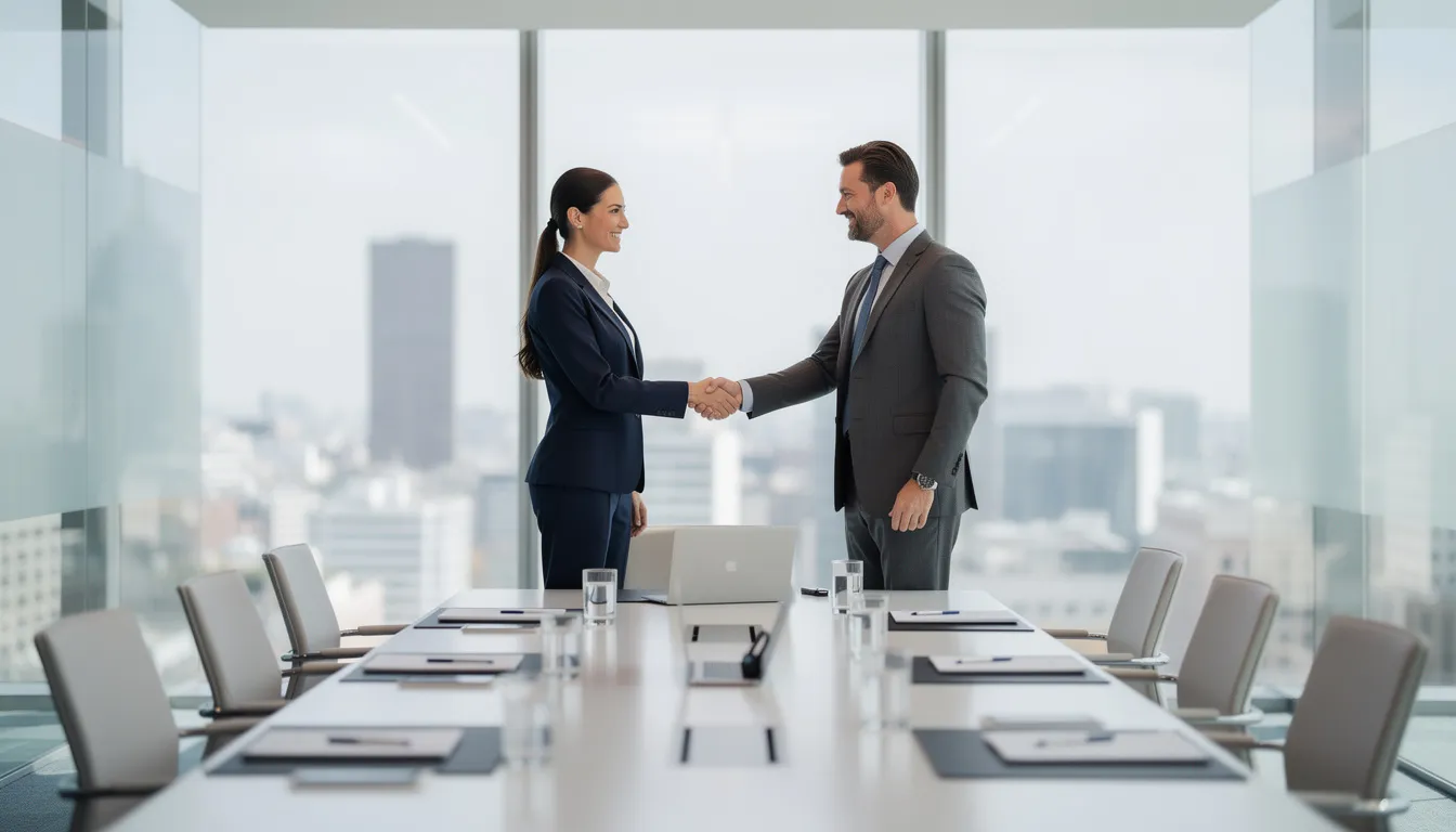 The image depicts two professionals shaking hands in a corporate meeting room, symbolizing a strategic partnership in the digital transformation space. This moment reflects collaboration and commitment to driving innovation with AI-powered solutions, such as those offered by Microsoft and its partners.