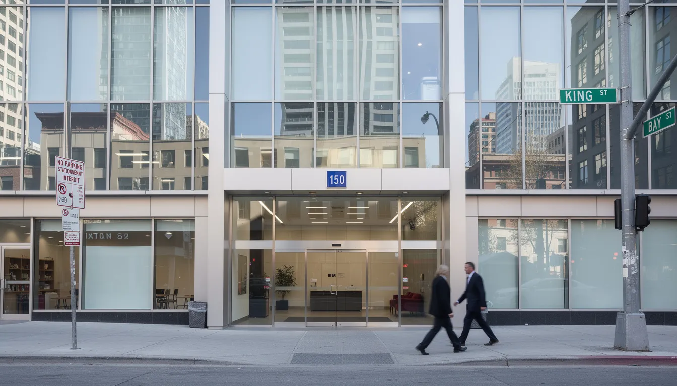 The image depicts the entrance of an office building located in a bustling commercial neighborhood of Toronto, featuring clear street signage that indicates nearby businesses. This setting highlights the importance of local SEO services for enhancing the online visibility of local businesses in the area.