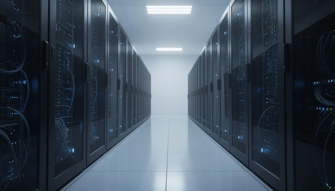 The image depicts a modern data center filled with server racks illuminated by blue LED lighting, showcasing a high-tech IT infrastructure. This environment reflects the innovative solutions and effective project management that companies like Ishape Technologies provide to enhance operations and support businesses in the digital world.