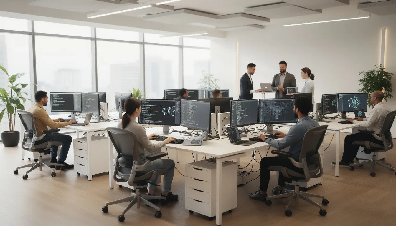 Managed Service Providers Canada: 2026 Guide to Choosing the Right MSP 1 The image depicts a modern office environment where IT professionals are engaged at their computer workstations, collaborating on various technology solutions. This dynamic setting highlights the importance of managed IT services and infrastructure management in achieving business objectives and enhancing operational efficiency.