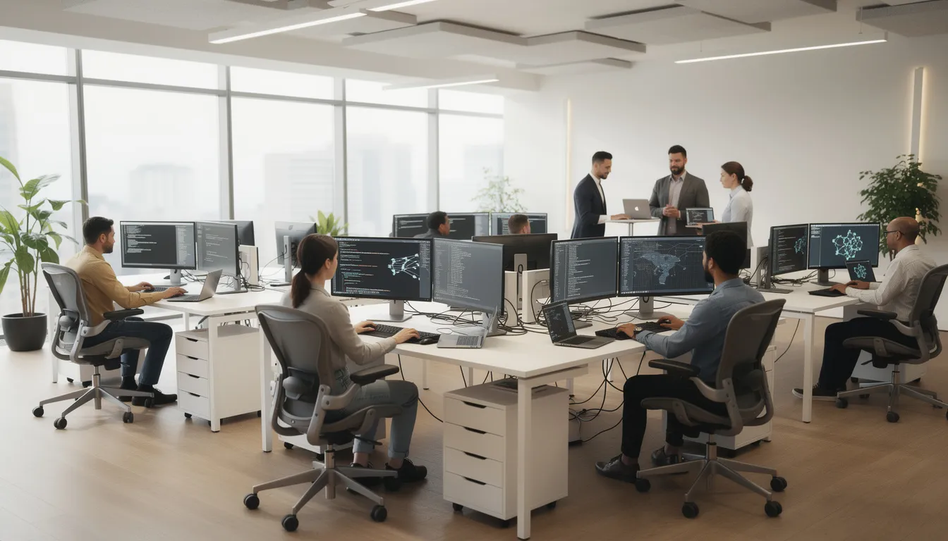 Managed Service Providers Canada: 2026 Guide to Choosing the Right MSP 1 The image depicts a modern office environment where IT professionals are engaged at their computer workstations, collaborating on various technology solutions. This dynamic setting highlights the importance of managed IT services and infrastructure management in achieving business objectives and enhancing operational efficiency.