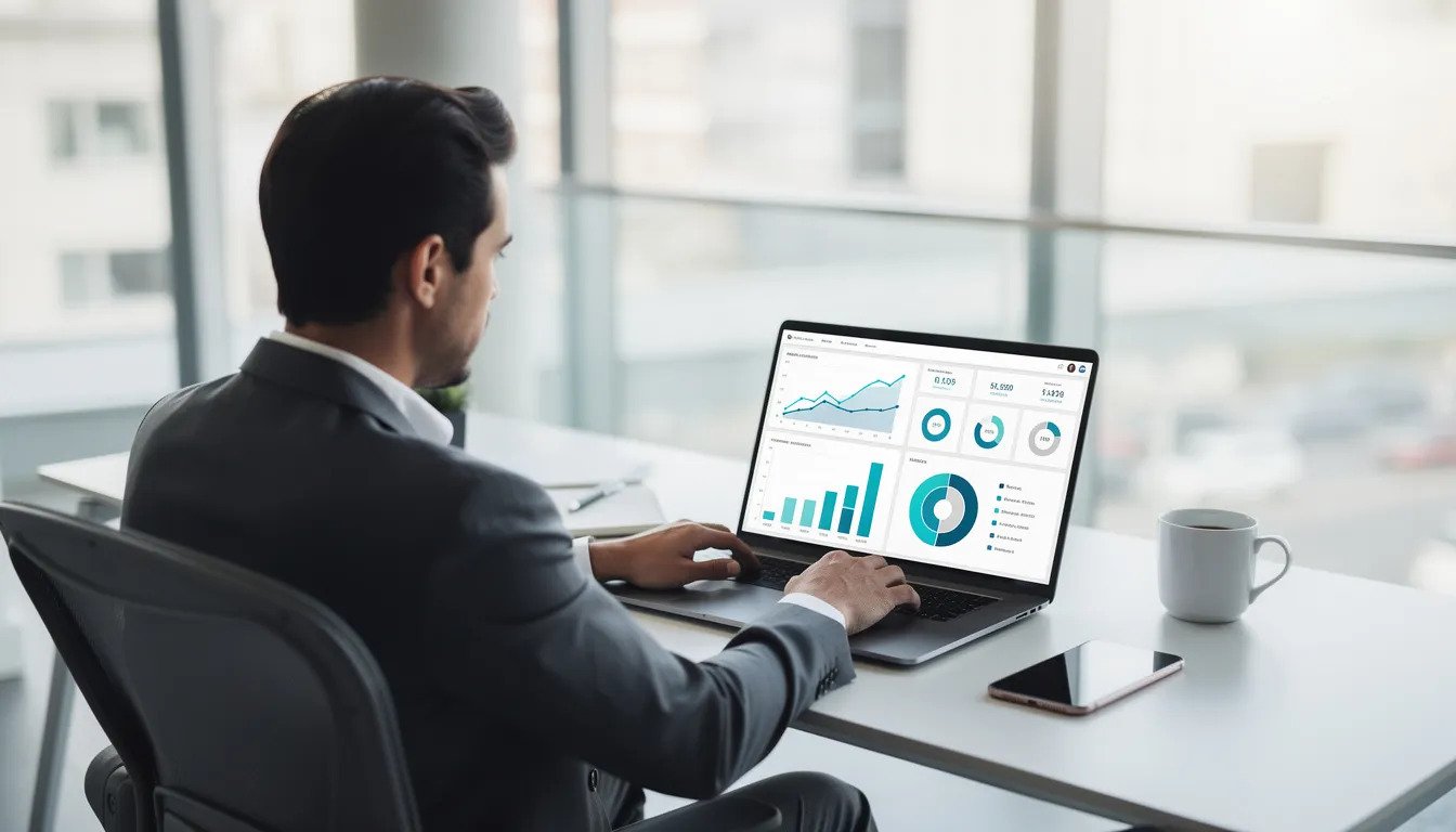 IBM Consultant 2 A professional, likely an IBM consultant, is focused on their laptop, which displays various data visualizations and analytics. The scene reflects a modern consulting environment, emphasizing the importance of technology and data in driving business transformation and strategy.