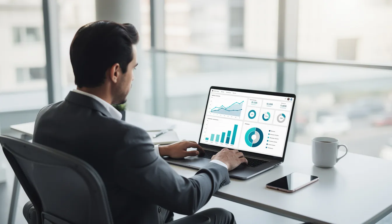A professional, likely an IBM consultant, is focused on their laptop, which displays various data visualizations and analytics. The scene reflects a modern consulting environment, emphasizing the importance of technology and data in driving business transformation and strategy.