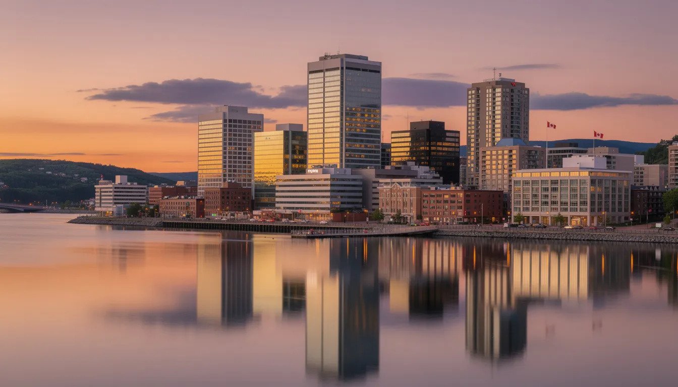 Managed Service Providers Canada: 2026 Guide to Choosing the Right MSP 4 The image depicts a stunning Canadian city skyline at sunset, showcasing modern office buildings that reflect vibrant hues of orange and pink in the sky. This scene represents the thriving business environment, where leading managed service providers offer innovative IT solutions to help businesses achieve their objectives in a rapidly evolving digital landscape.