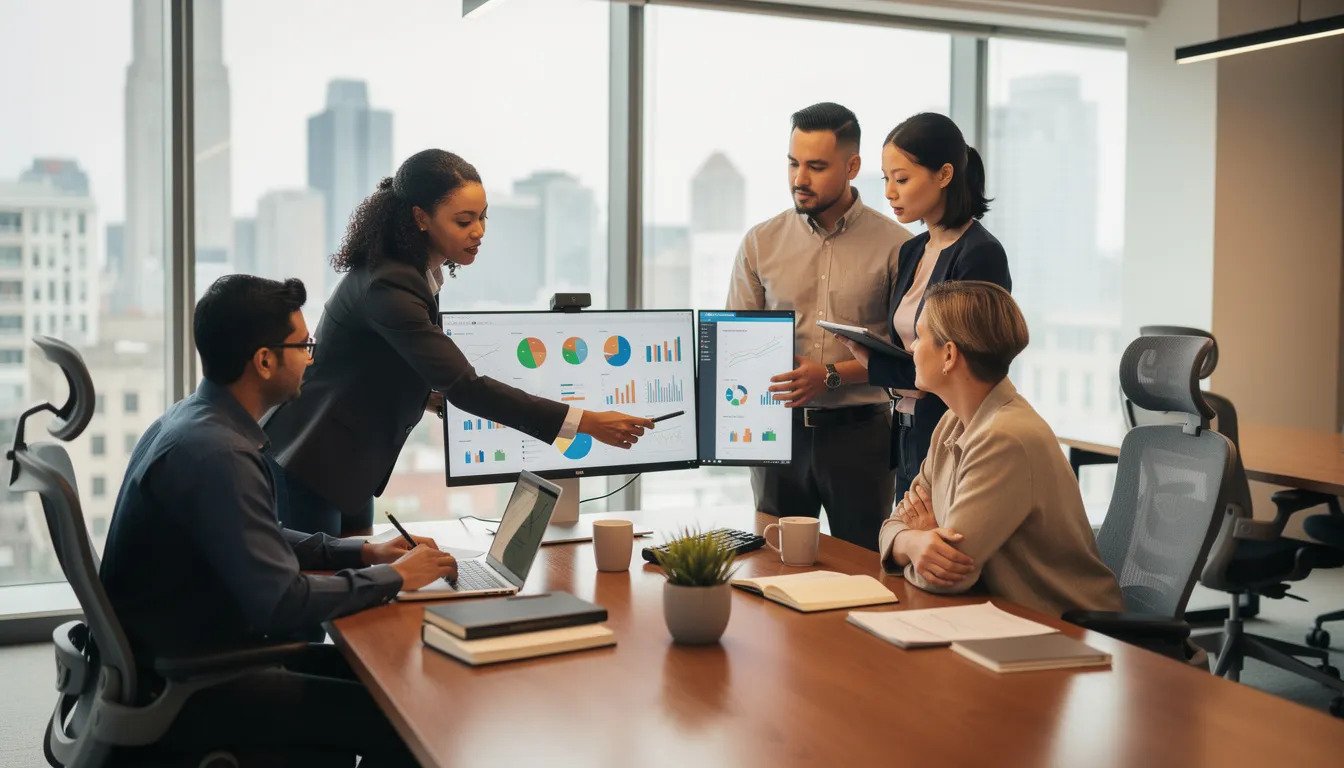 IBM Consultant 1 A diverse team of IBM consultants collaborates around computer screens in a modern office, focusing on business transformation and innovative solutions for clients. The atmosphere reflects a commitment to leveraging technology and expert guidance to tackle complex business problems and unlock growth opportunities.