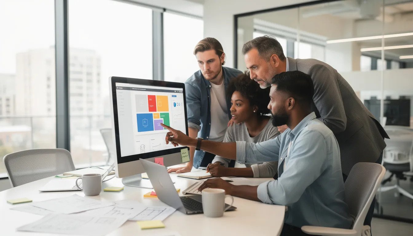A team of web professionals is collaborating around a computer screen in a modern office, discussing elements of web design and digital marketing strategies. They are focused on optimizing websites for better user experience and search engine performance, reflecting the collaborative spirit of an Edmonton web design company.