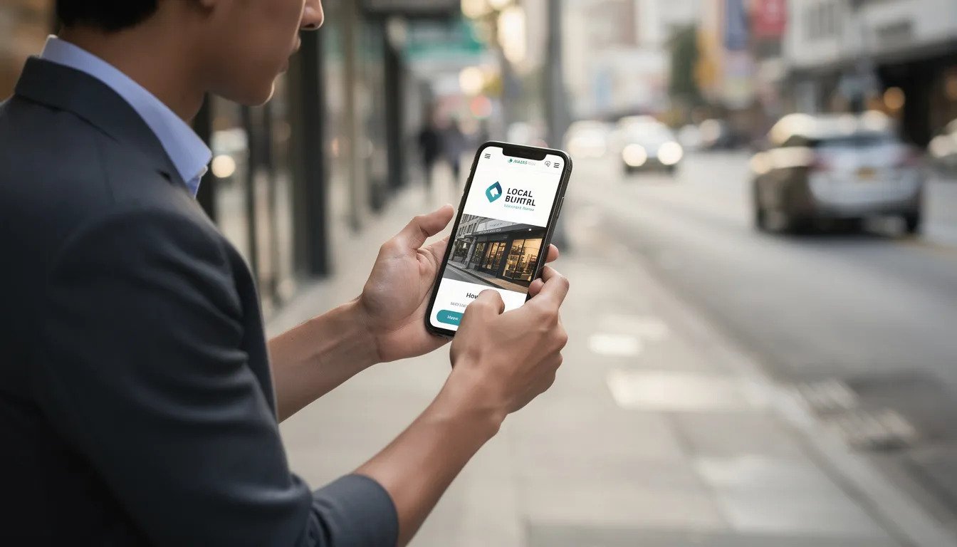 A person is walking on a bustling city street, intently browsing a local business website on their smartphone, showcasing the importance of user-focused design in digital marketing. This scene highlights the intersection of everyday life and the digital services offered by web design agencies, particularly in Edmonton.