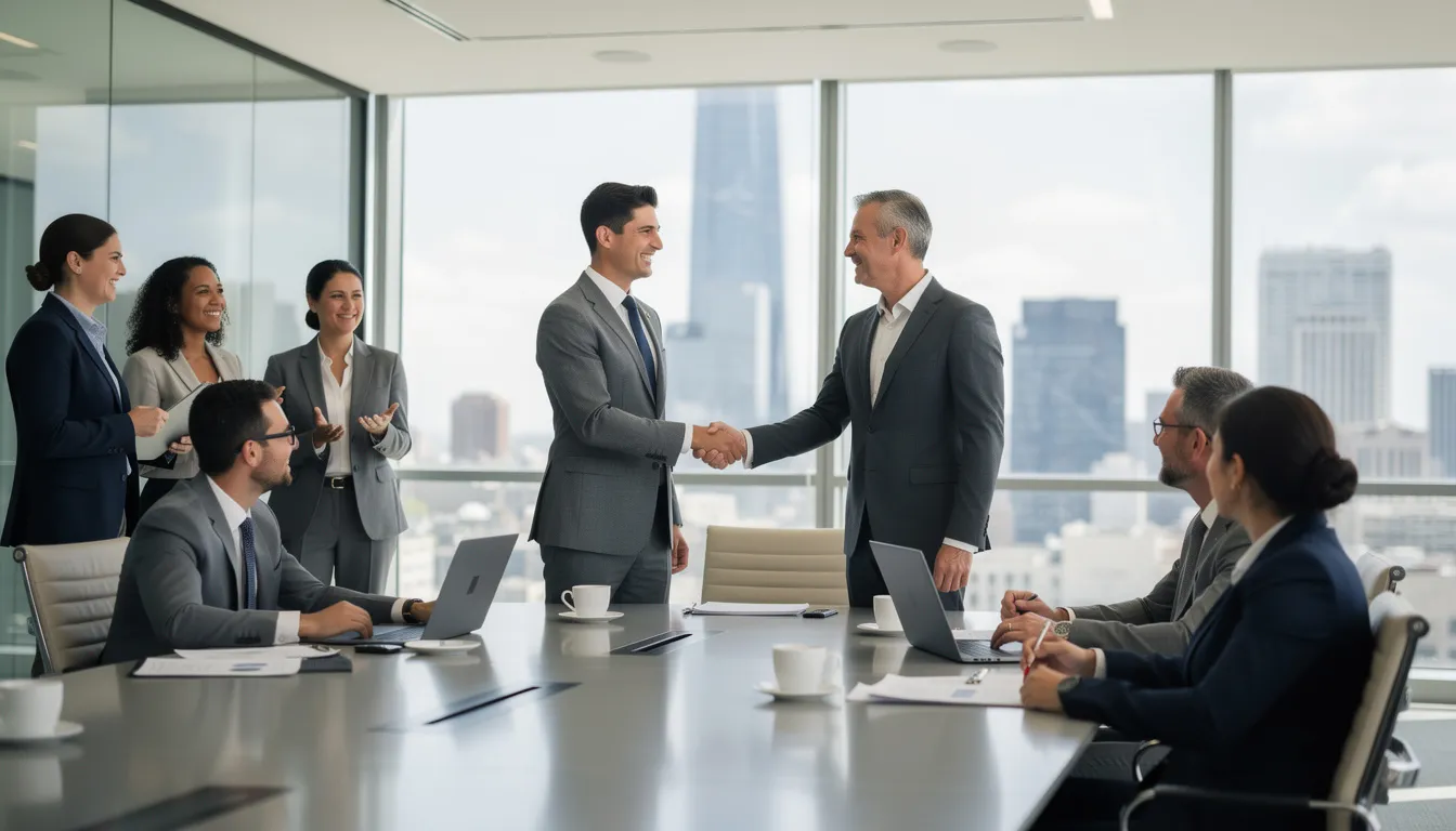 The image shows business professionals in a corporate setting, shaking hands to signify a partnership or agreement, embodying the collaborative spirit of IBM consulting. This moment highlights the importance of expert guidance and strategic relationships in navigating business transformation and growth opportunities.