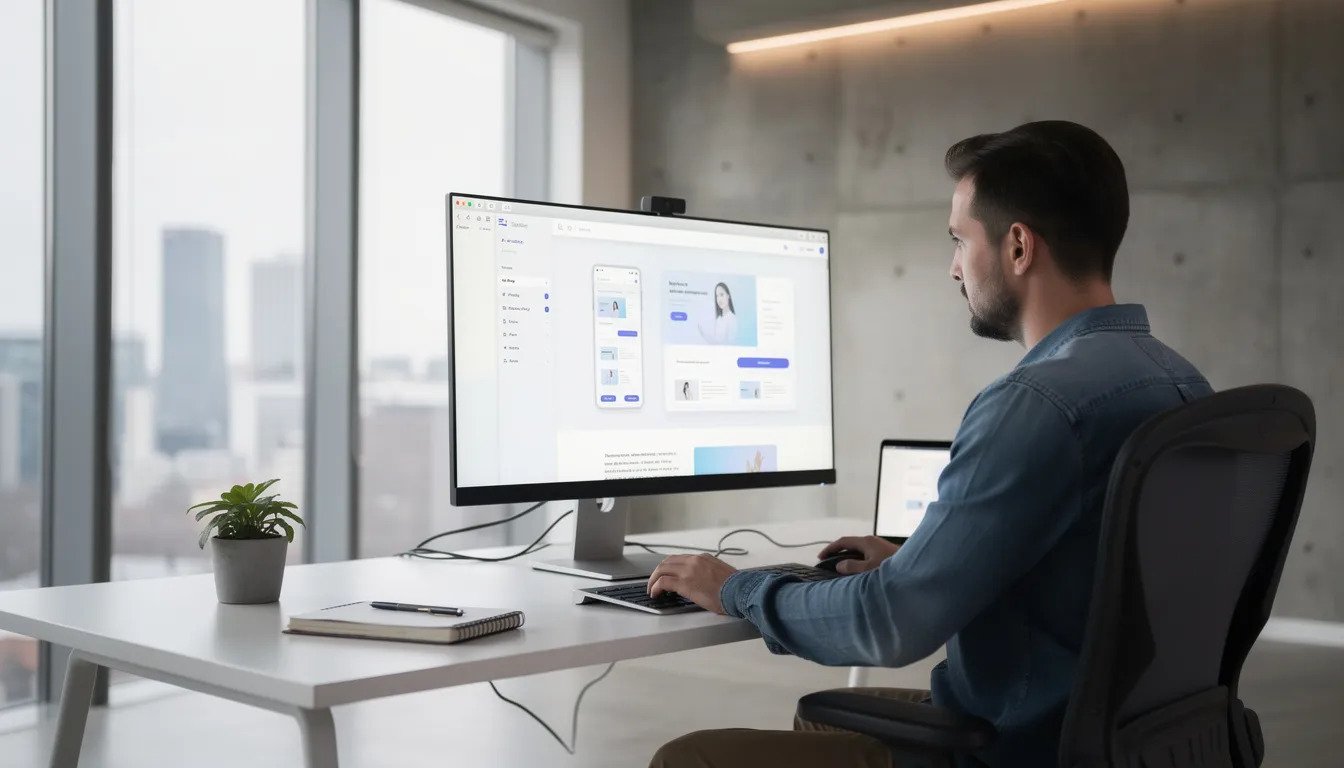 A modern office workspace features a designer focused on creating a website layout on a large monitor, highlighting the website design process. The environment reflects a professional setting ideal for web design agencies, emphasizing user-focused design and digital marketing strategies for clients in Edmonton.