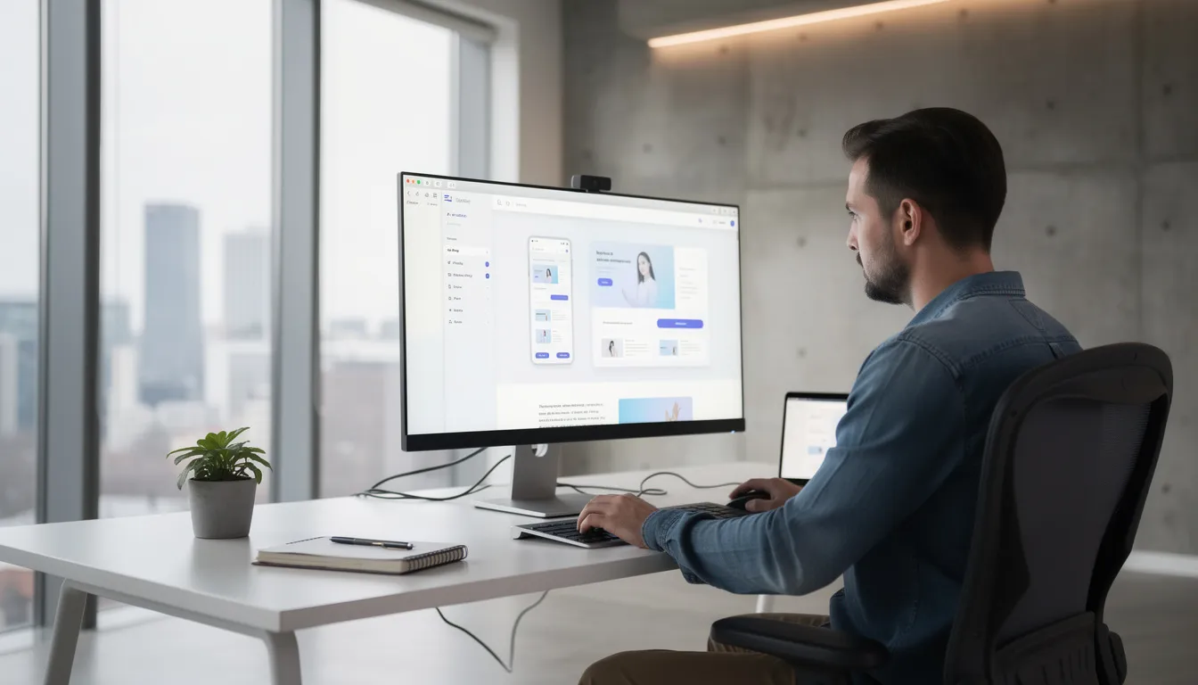 Website Design Edmonton: High-Performance, Local-Business Focused 1 A modern office workspace features a designer focused on creating a website layout on a large monitor, highlighting the website design process. The environment reflects a professional setting ideal for web design agencies, emphasizing user-focused design and digital marketing strategies for clients in Edmonton.