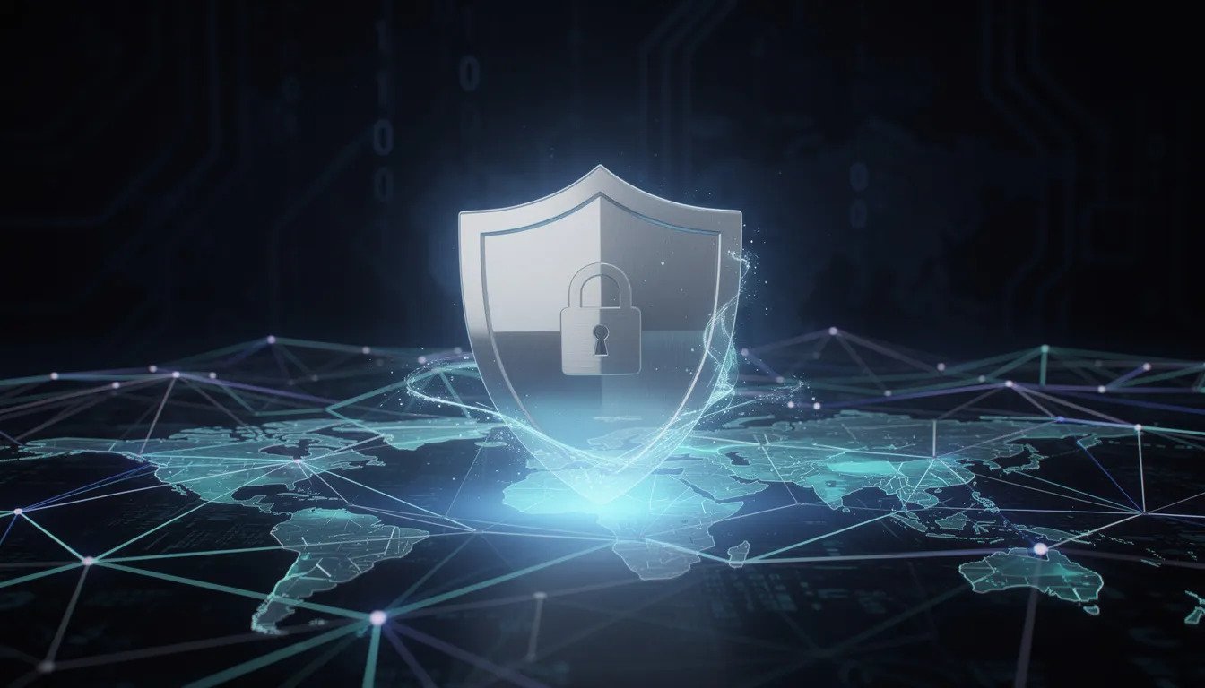 Managed Service Providers Canada: 2026 Guide to Choosing the Right MSP 2 The image depicts a protective shield symbolizing cybersecurity, positioned over a network of interconnected lines and nodes, representing the complex IT infrastructure. This visual emphasizes the importance of managed security services and innovative IT solutions in safeguarding data and ensuring operational efficiency for businesses in a rapidly evolving digital landscape.