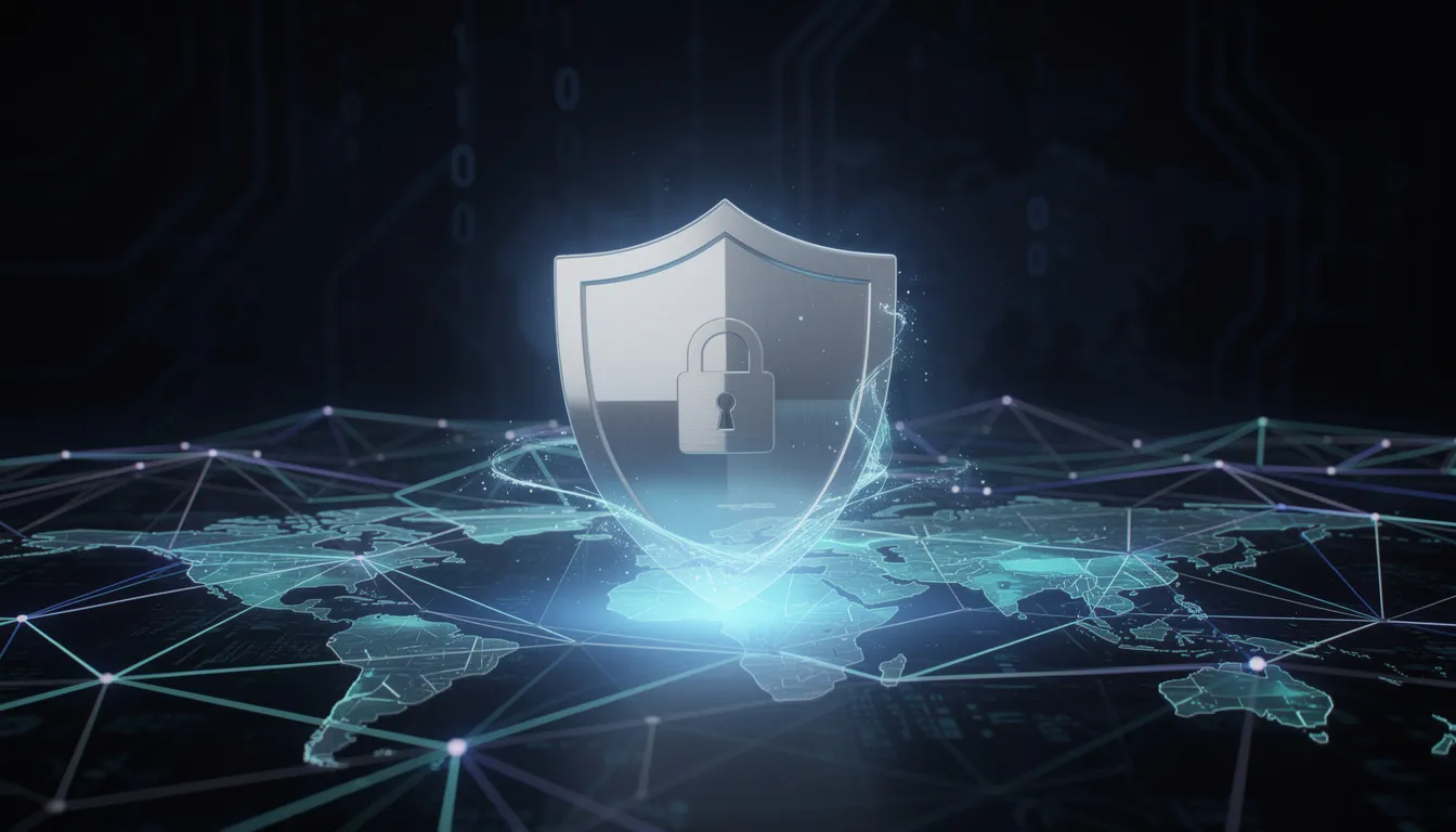 Managed Service Providers Canada: 2026 Guide to Choosing the Right MSP 2 The image depicts a protective shield symbolizing cybersecurity, positioned over a network of interconnected lines and nodes, representing the complex IT infrastructure. This visual emphasizes the importance of managed security services and innovative IT solutions in safeguarding data and ensuring operational efficiency for businesses in a rapidly evolving digital landscape.