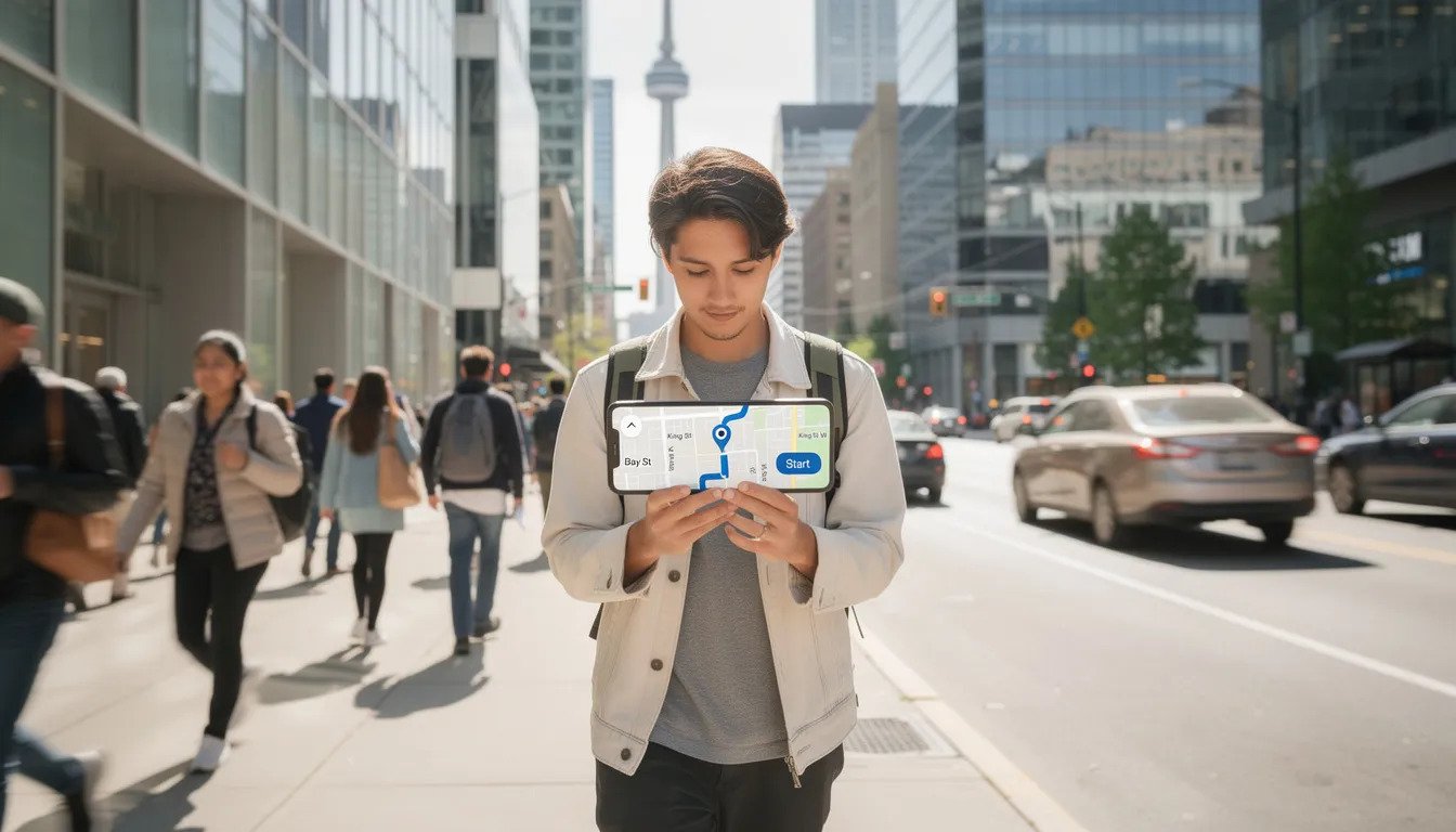 A person is walking on a bustling Toronto street, engrossed in their smartphone which displays a map application, likely seeking directions. This scene highlights the importance of local SEO services for businesses aiming to connect with nearby customers and enhance their online visibility.