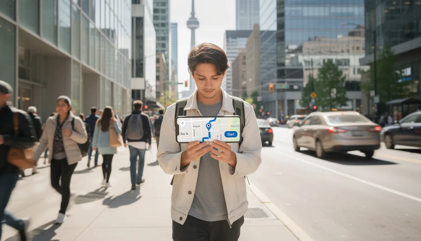 A person is walking on a bustling Toronto street, engrossed in their smartphone which displays a map application, likely seeking directions. This scene highlights the importance of local SEO services for businesses aiming to connect with nearby customers and enhance their online visibility.