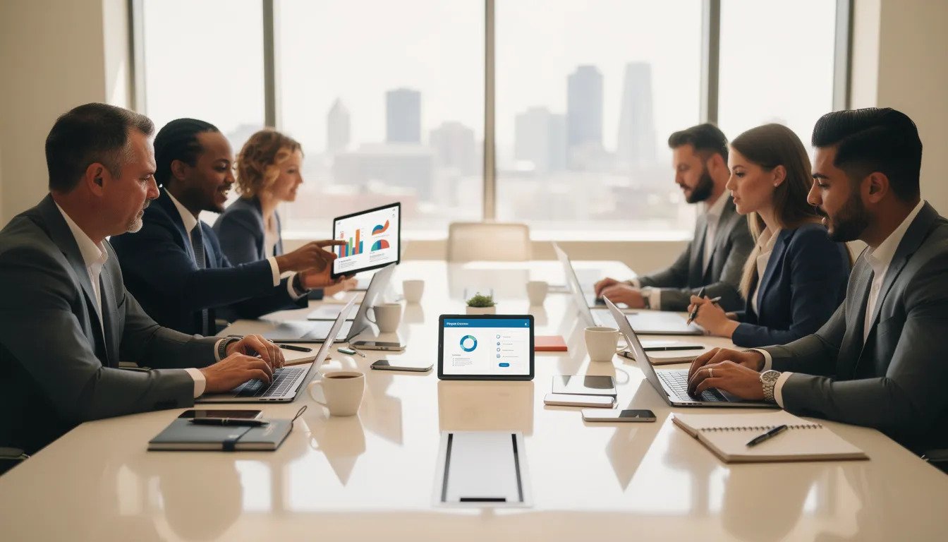 A diverse team of professionals collaborates around a conference table, equipped with laptops and digital devices, discussing innovative solutions for mobile app development and web design. This dynamic environment showcases effective project management and teamwork, essential for delivering successful consulting services in today's digital world.