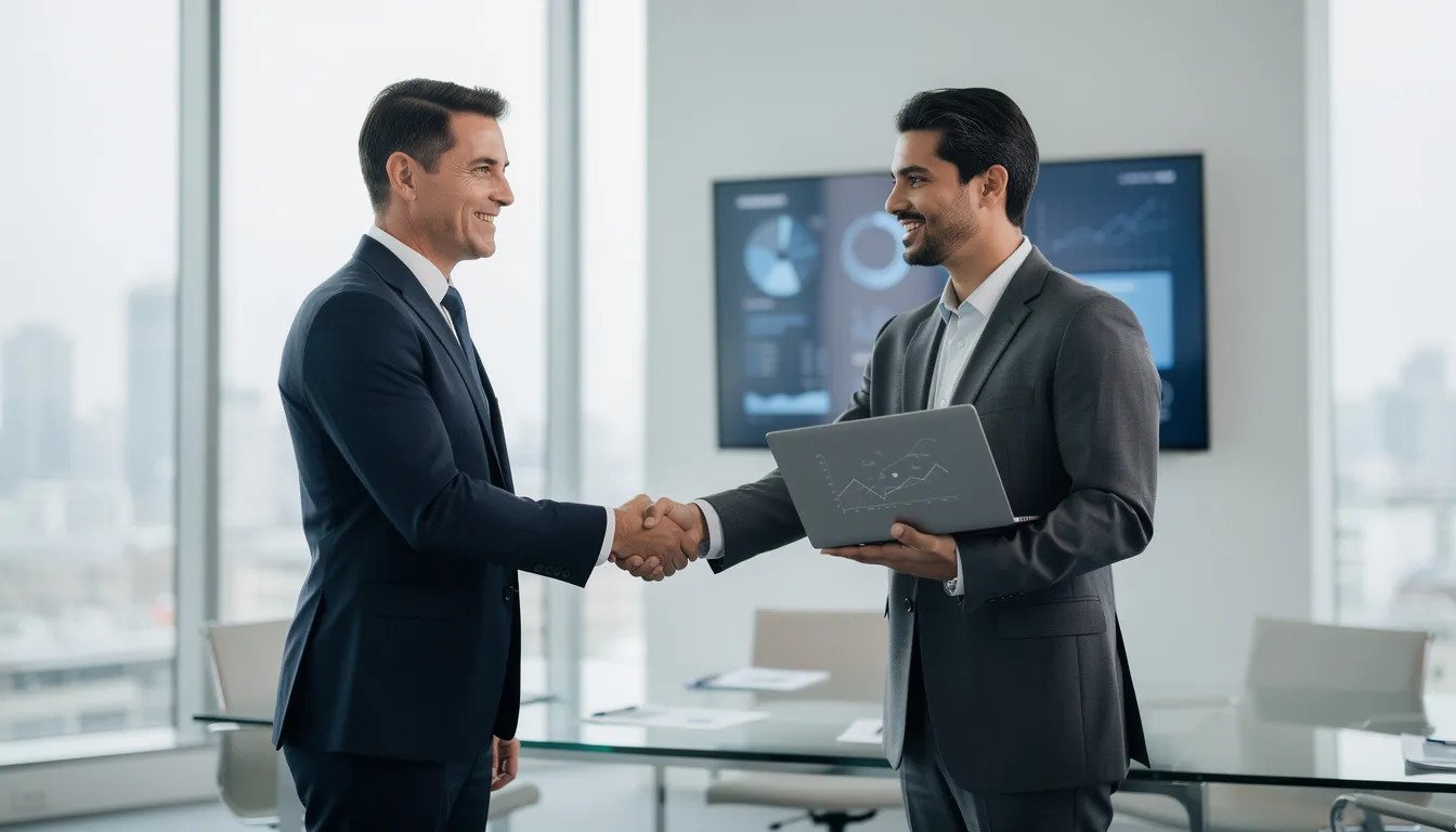 In an office setting, a business professional and a technology consultant engage in a handshake, symbolizing collaboration and partnership. This meeting highlights the importance of innovative solutions in areas such as mobile app development and effective project management, reflecting the strategic alignment between businesses and consulting services like those offered by Ishape Technologies and IBM.