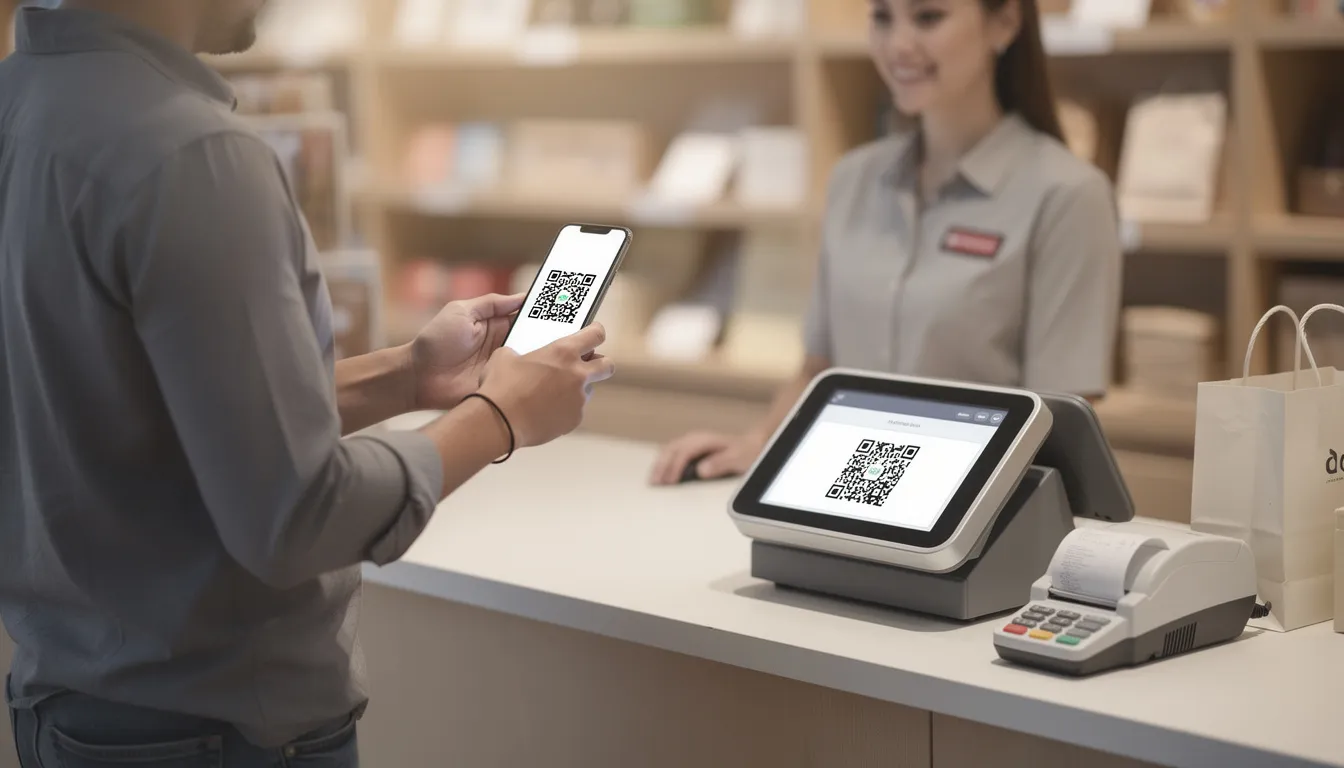 The image shows a customer standing at a retail counter, holding a phone that displays a QR code, positioned near the register. This scene highlights the integration of digital marketing strategies, such as local SEO services, in enhancing customer interactions and facilitating business growth.