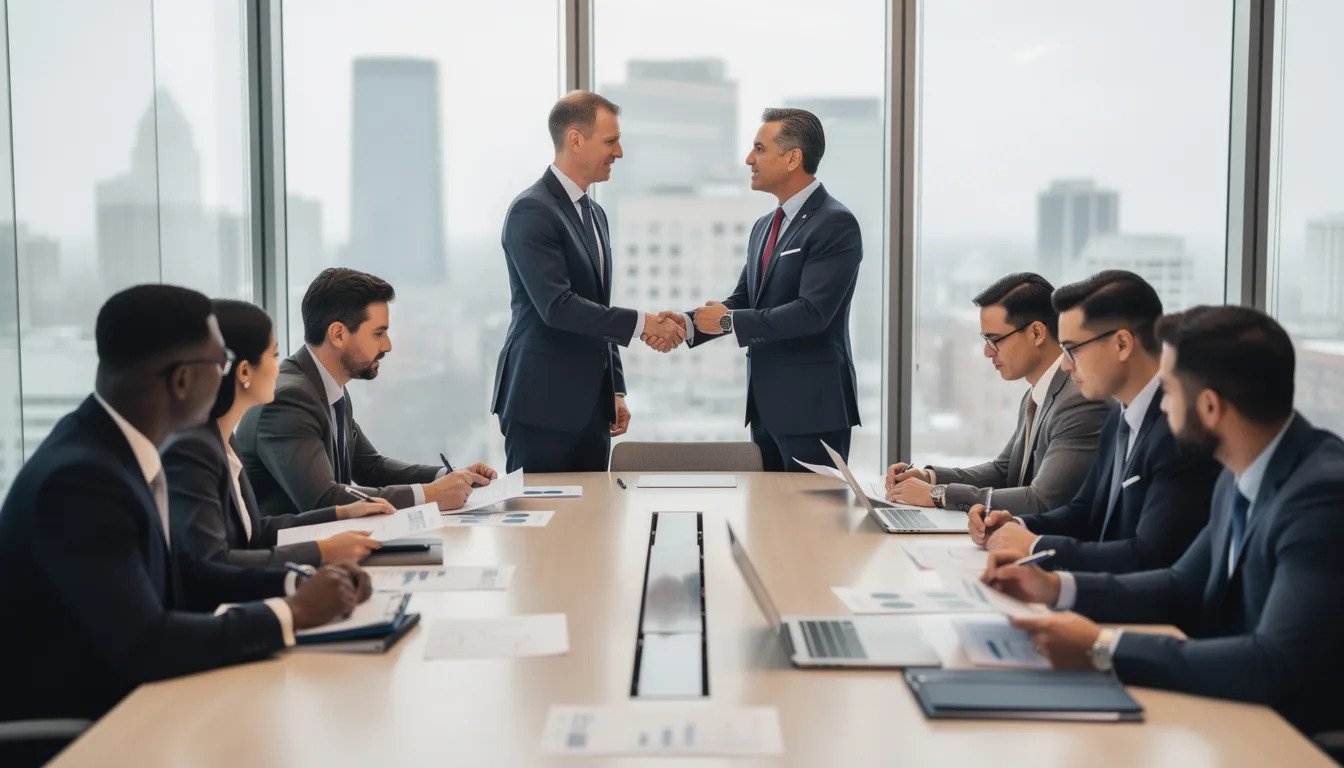 Managed Service Providers Canada: 2026 Guide to Choosing the Right MSP 3 In a modern meeting room, business professionals are engaged in a discussion, reviewing documents, and shaking hands, symbolizing collaboration and partnership. This scene reflects the importance of managed IT services and strategic guidance in achieving business objectives and enhancing operational efficiency.