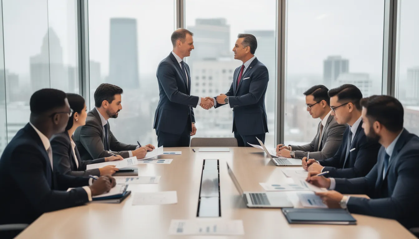 Managed Service Providers Canada: 2026 Guide to Choosing the Right MSP 3 In a modern meeting room, business professionals are engaged in a discussion, reviewing documents, and shaking hands, symbolizing collaboration and partnership. This scene reflects the importance of managed IT services and strategic guidance in achieving business objectives and enhancing operational efficiency.