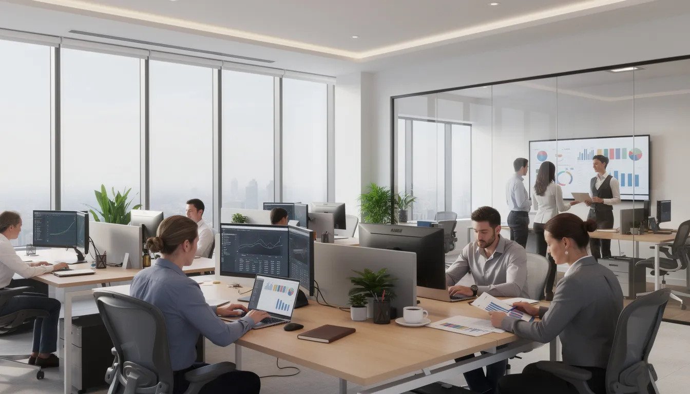The image depicts a modern office space where professionals are engaged in discussions and working on computers, focusing on business strategy and collaboration. This environment reflects the innovative solutions and effective project management that companies like Ishape Technologies offer in areas such as mobile app development and web design.
