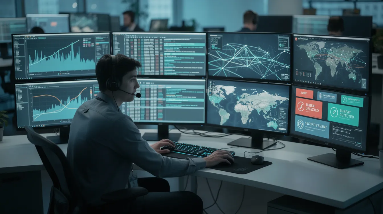 Cyber Security Course 1 A young professional, wearing glasses and smiling, is working at a security operations center surrounded by multiple monitors that display network traffic and alerts related to cyber security. The atmosphere emphasizes the importance of monitoring cyber threats and implementing security controls to protect computer systems and digital assets.