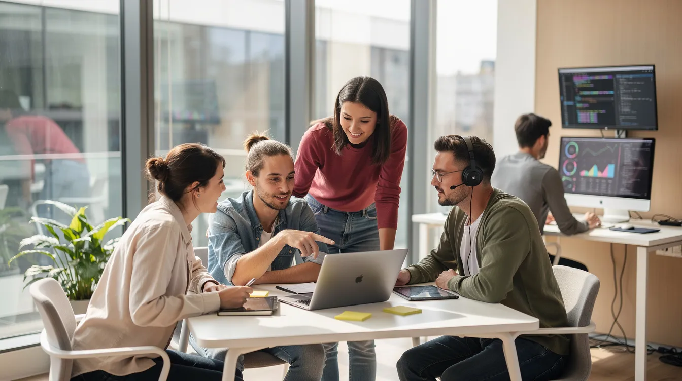 Cyber Security Course 4 A diverse team of cybersecurity professionals collaborates in a modern technology workspace, discussing strategies to protect computer systems and mitigate risks associated with cyber threats. The environment is vibrant and dynamic, reflecting a commitment to implementing security controls and ensuring the integrity of digital assets.