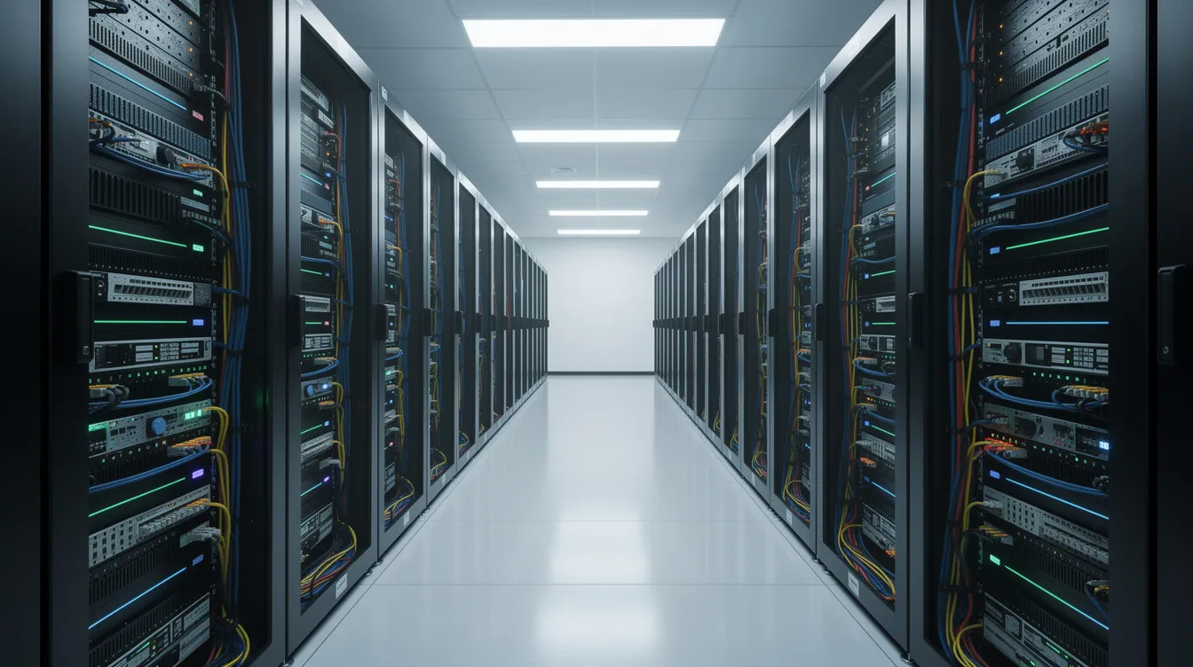 Cyber Security Course 2 The image depicts a modern server room filled with rows of network equipment, where numerous blinking status lights indicate the operational status of various computer systems. This environment is essential for maintaining cybersecurity and network security, as it supports the infrastructure necessary to protect digital assets and mitigate cyber threats.