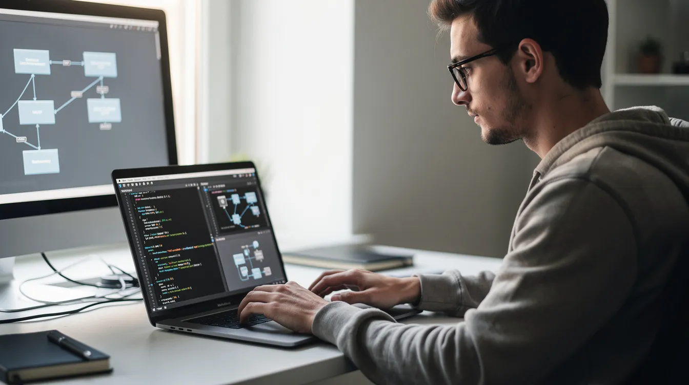 Cyber Security Course 3 A young man is focused on his laptop, where lines of code and network diagrams related to cyber security are displayed on the screen. He appears engaged in his work, likely analyzing potential cyber threats and implementing security controls to protect computer systems.