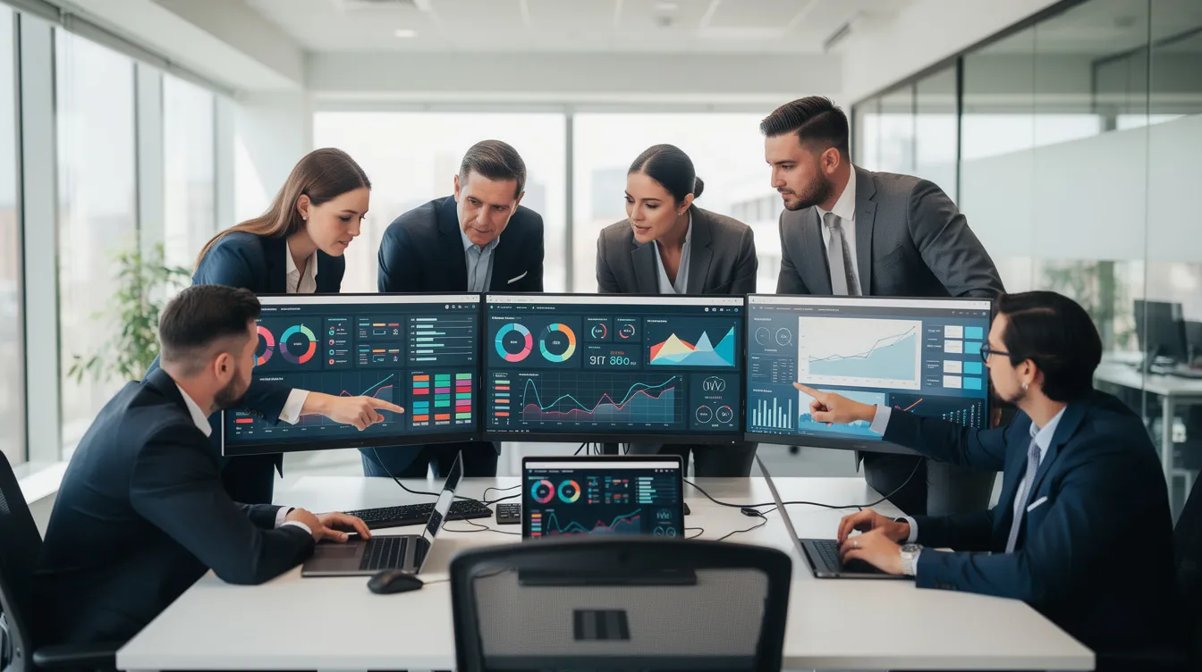 A group of business professionals is gathered around multiple computer monitors, analyzing performance dashboards that display key metrics related to their operations management. This collaborative environment highlights the importance of service desk support and effective service request management in achieving business objectives and enhancing customer satisfaction.