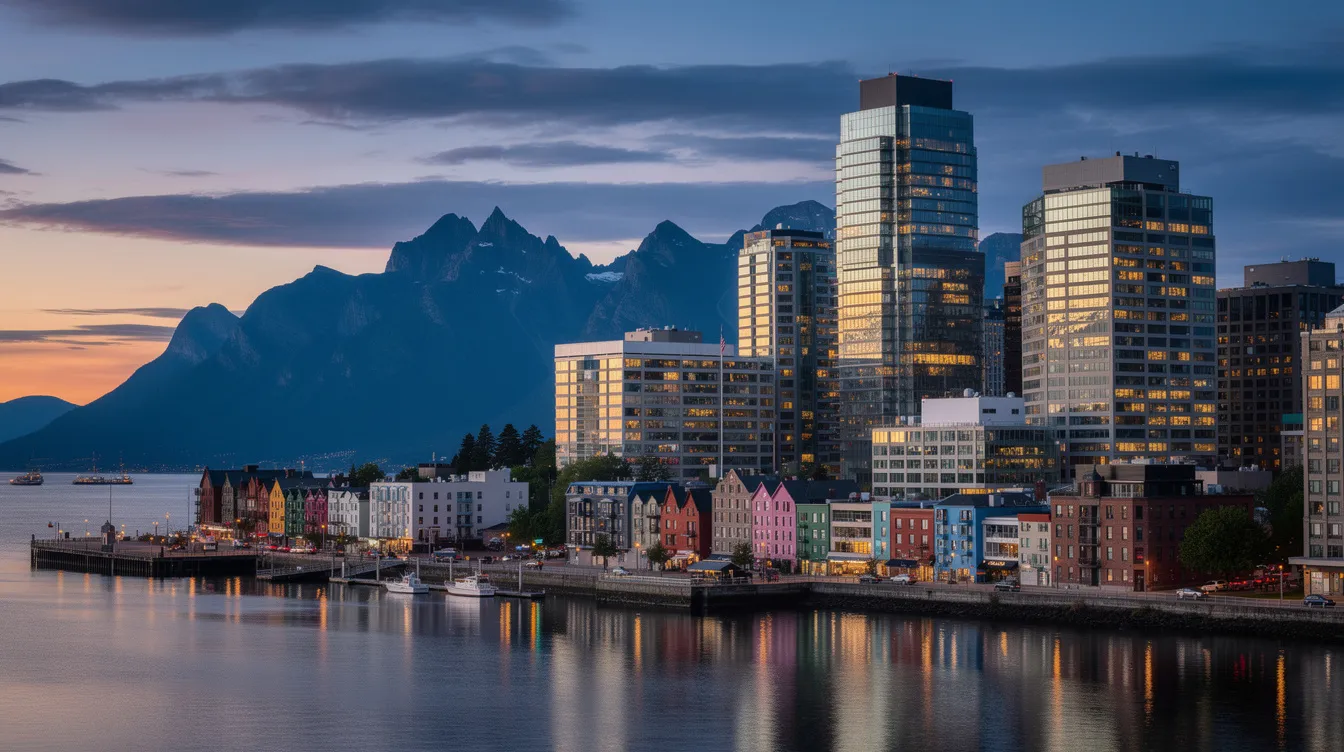 PPC in Canada and USA: How Pay-Per-Click Advertising Really Works in 2025 2 The image depicts a stunning Canadian city skyline at dusk, showcasing tall office buildings illuminated against a backdrop of mountains. The serene atmosphere highlights the contrast between urban life and the natural landscape, embodying the core identity of Canada as a country that merges modernity with its beautiful environment.