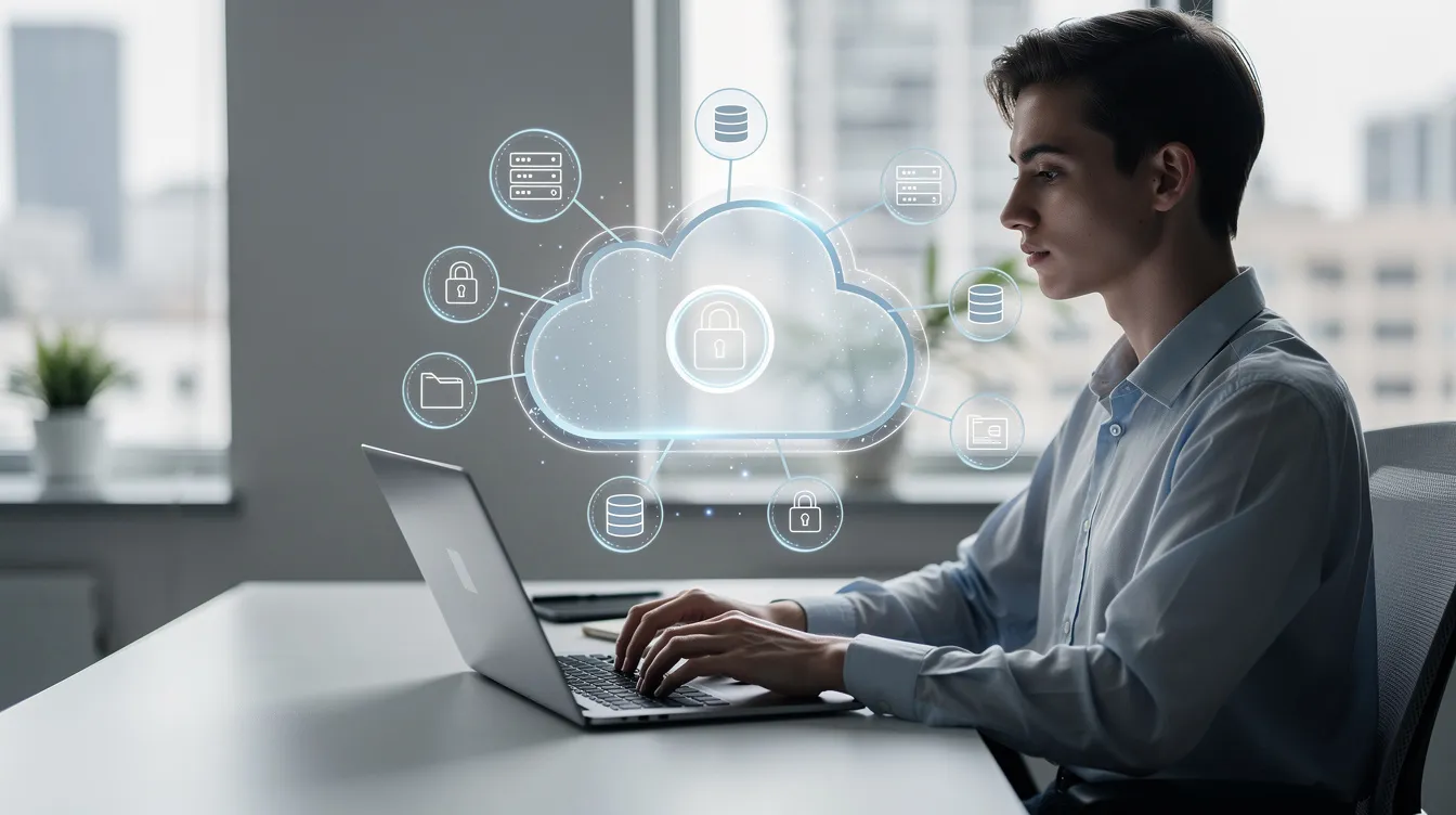 The image depicts a person focused on working on a laptop, with various cloud computing icons, such as those representing Google Cloud services and virtual machines, floating above them. This scene illustrates the integration of cloud technology and data management in a user-friendly interface.
