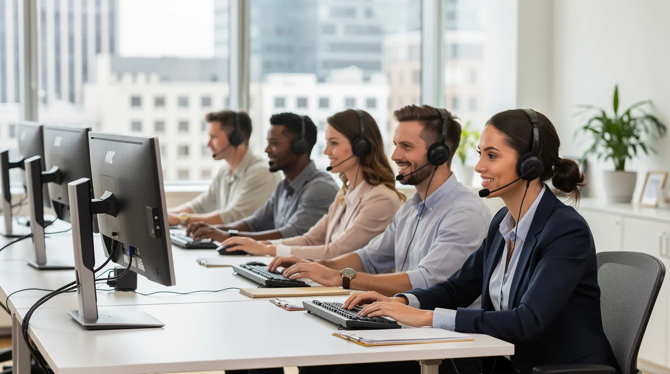 The image depicts a diverse customer support team collaborating at computer workstations in a modern office environment, emphasizing their role in providing effective help desk services and IT support. The team members are engaged in service request management, showcasing their commitment to customer satisfaction and operational efficiency.