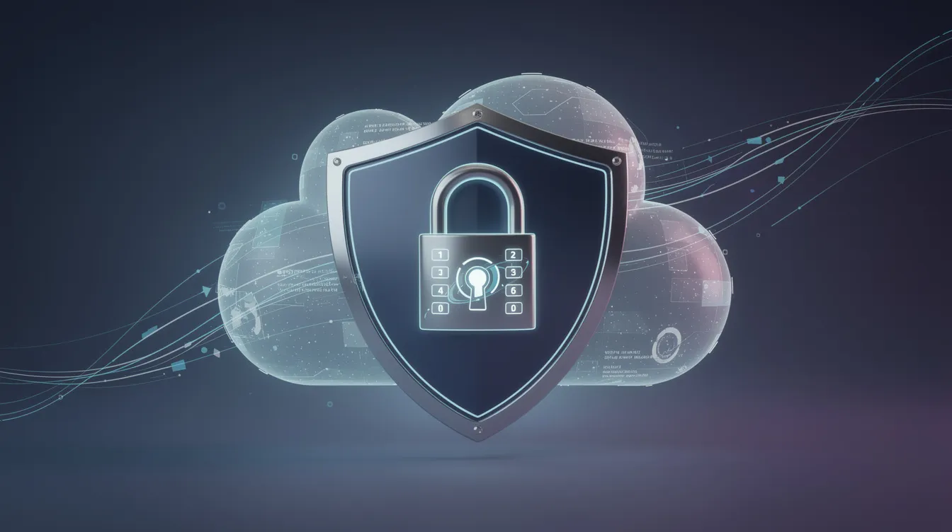 The image depicts a digital lock encased in a shield, symbolizing robust cloud security measures. This representation highlights the importance of protecting sensitive data and managing access within cloud platforms like Google Cloud, ensuring user-friendly interfaces for secure interactions with cloud resources.