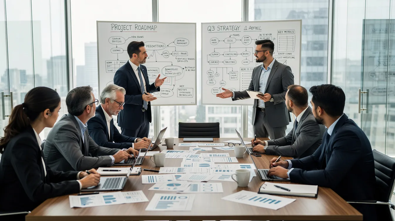 A group of professionals is gathered in a meeting room, actively reviewing documents and discussing plans on whiteboards, emphasizing collaborative efforts in service desk operations and business processes. The atmosphere reflects a focus on improving service desk support and enhancing customer satisfaction through effective teamwork.