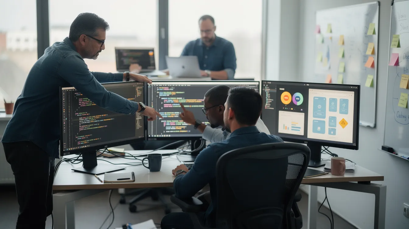 The image depicts a group of developers collaborating around multiple computer screens, engaged in discussions about coding and project management, likely utilizing tools related to the Google Cloud Platform. Their teamwork suggests a focus on innovative solutions for managing cloud resources and enhancing application performance.