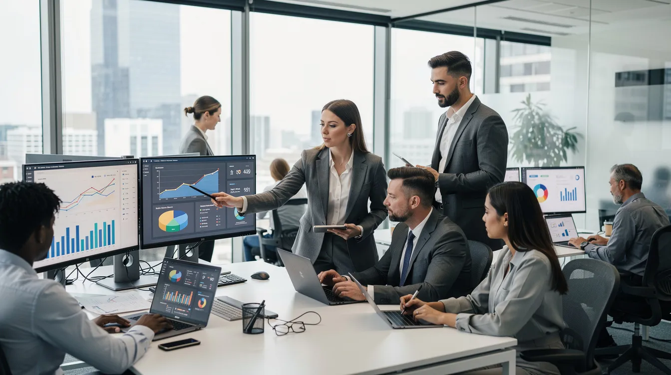 PPC in Canada and USA: How Pay-Per-Click Advertising Really Works in 2025 1 The image depicts a group of business professionals in a modern office environment, intently reviewing analytics displayed on multiple computer screens. Their focused expressions suggest a compelling strategic interest in the data, possibly related to economic trends or foreign affairs impacting their industry.